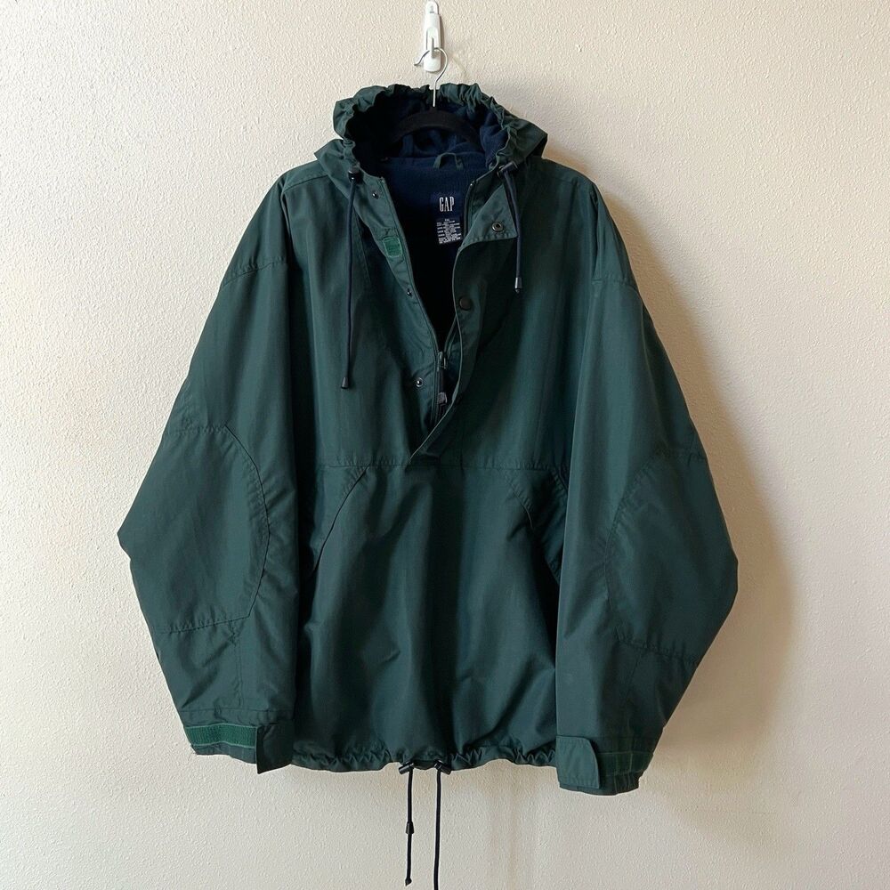 Vintage Gap Hooded Anorak Jacket Men’s XXL Green Nylon 1/4 Zip Fleece Lined 90s